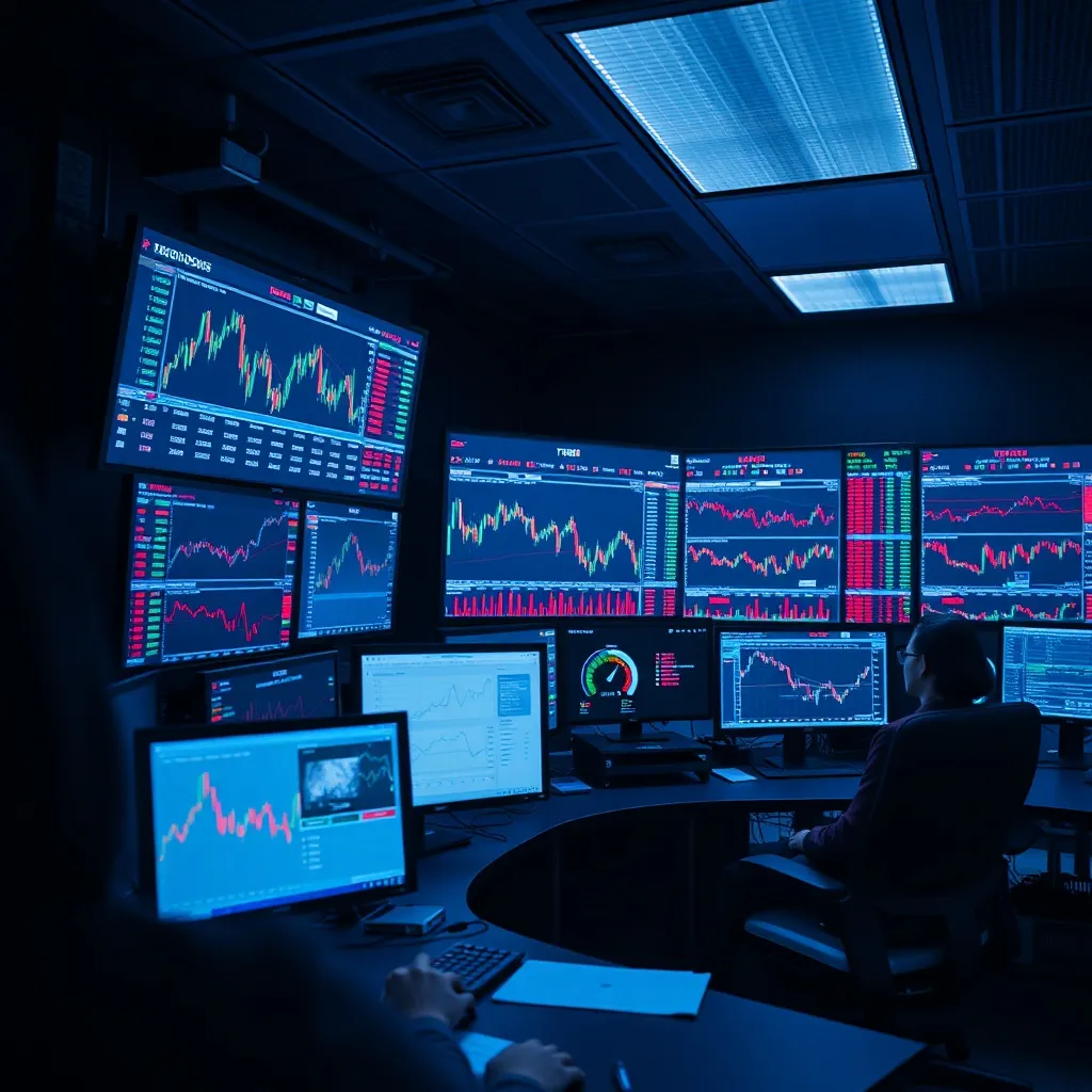 Professional trading terminal with multiple screens showing